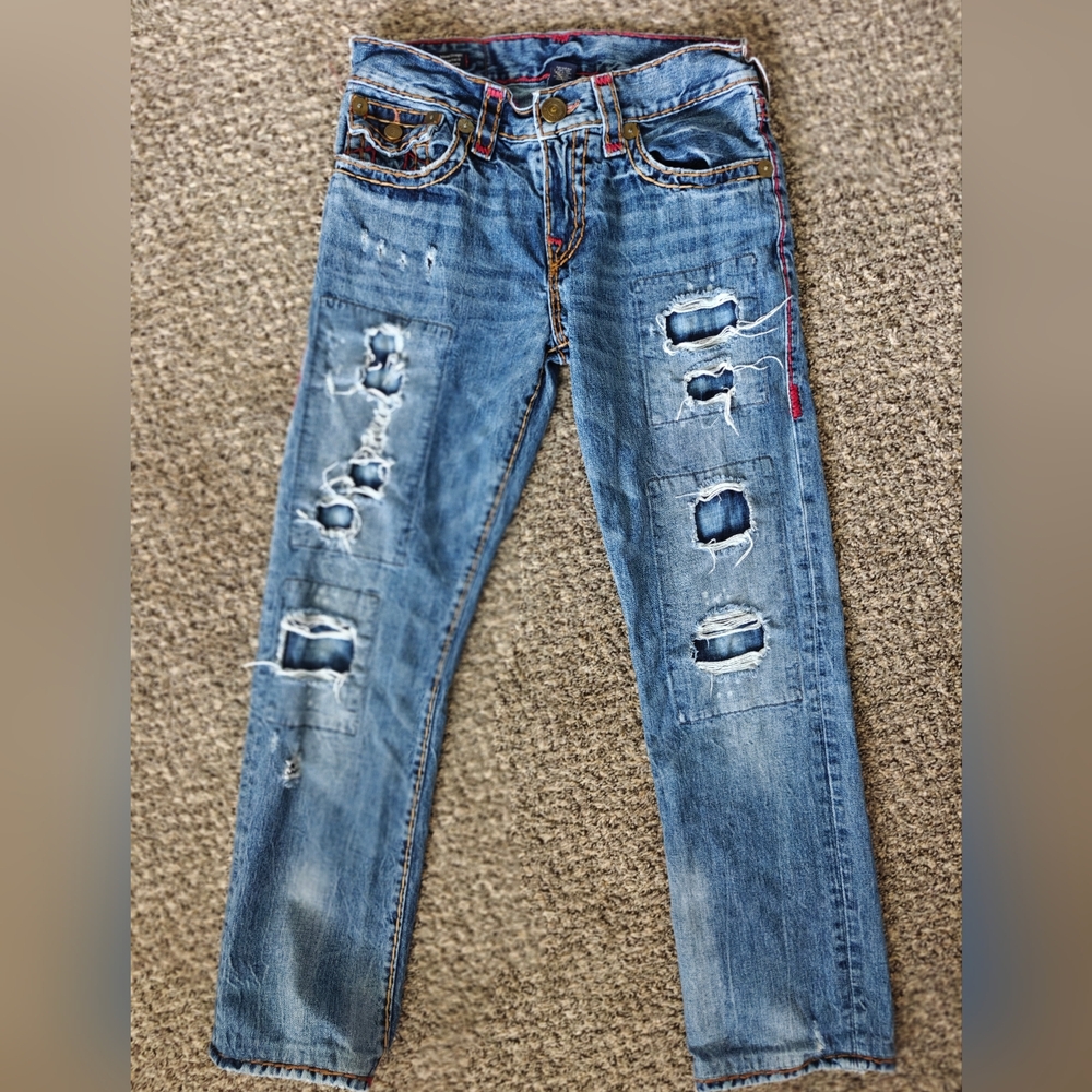 True Religion Ricky Straight Deconstructed 29 30 Inseam Red Seam